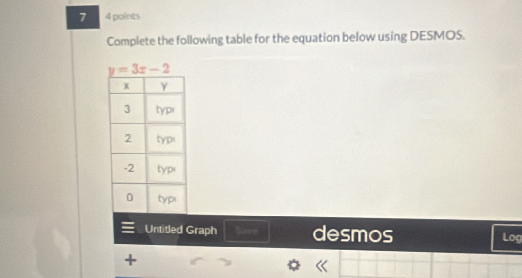 7 4 points
Complete the following table for the equation below using DESMOS.
Untitled Graph Save desmos Log
+