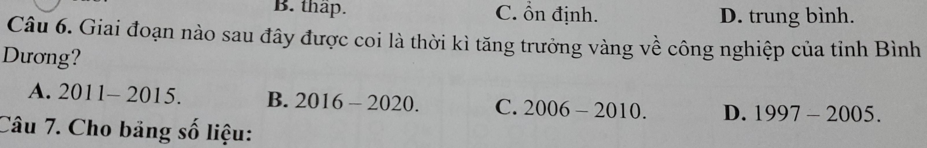 B. thap. C. ổn định.
D. trung bình.
Câu 6. Giai đoạn nào sau đây được coi là thời kì tăng trưởng vàng về công nghiệp của tỉnh Bình
Dương?
A. 2011- 2015. B. 2016-2020. 2006-2010. 
C.
D. 1997-2005. 
Câu 7. Cho bảng số liệu: