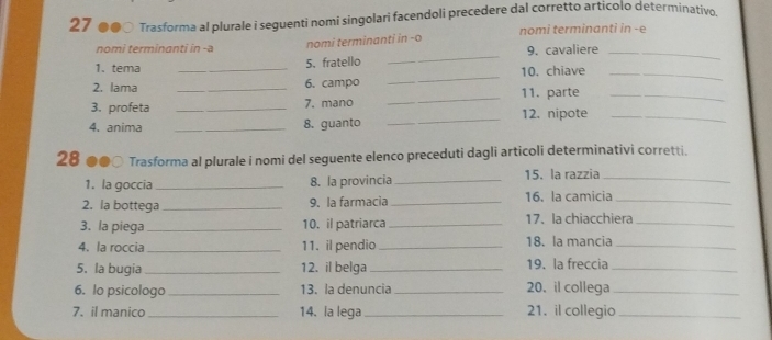 27 ●●0 Trasforma al plurale i seguenti nomi singolari facendoli precedere dal corretto articolo determinativo 
nomi terminanti in -a 
nomi terminanti in -o nomi terminanti in -e 
_ 
1. tema _5. fratello _9. cavaliere_ 
10. chiave_ 
_ 
2. lama _6. campo 11. parte_ 
_ 
3. profeta _7. mano 12. nipote_ 
4. anima _8. guanto 
28 ●●○ Trasforma al plurale i nomi del seguente elenco preceduti dagli articoli determinativi corretti. 
1. la goccia _8. la provincia _15. la razzia_ 
2. la bottega _9. la farmacia _16. la camicia_ 
3. la piega _10. il patriarca _17. la chiacchiera_ 
4. la roccia _11. il pendio _18. la mancia_ 
5. la bugia _12. il belga _19. la freccia_ 
6. lo psicologo_ 13. la denuncia _20. il collega_ 
7. il manico_ 14. la lega _21. il collegio_