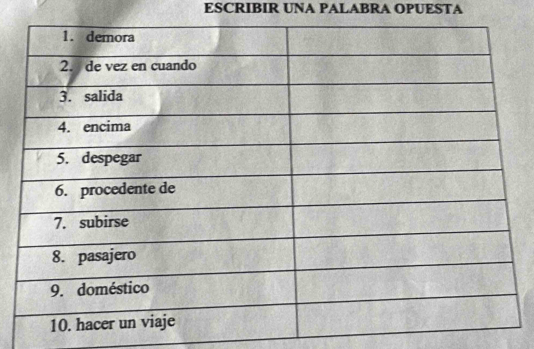 ESCRIBIR UNA PALABRA OPUESTA