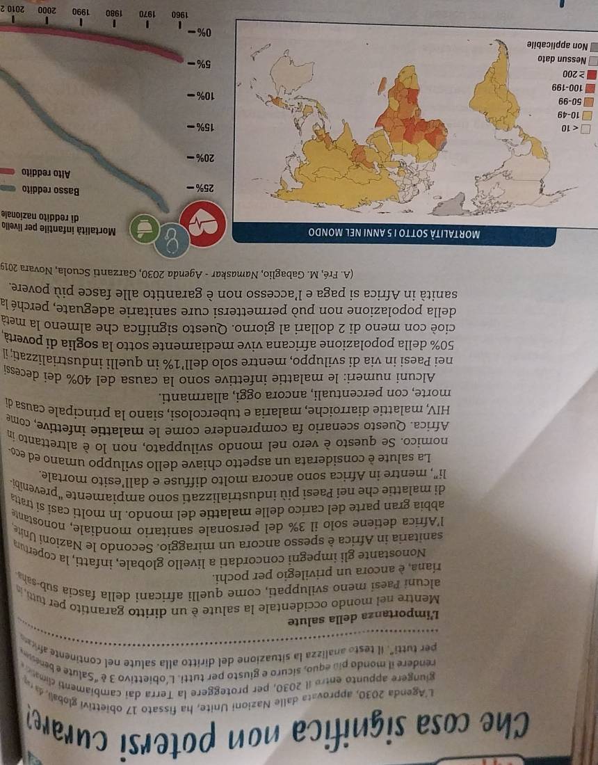 Che cosa significa non potersi curare
L'Agenda 2030, approvata dalle Nazioni Unite, ha fissato 17 obiettivi globali, da n
giungere appunto entre il 2030, per proteggere la Terra dai cambiament cimato 
rendere il mondo pio equo, sicuro e giusto per tutti. L'obiettivo 3 è "Salute e benese
per tutti". Il testo analizza la situazione del diritto alla salute nel continente african
L'importanza della salute
Mentre nel mondo occidentale la salute è un diritto garantito per tutti, in
alcuni Paesi meno sviluppati, come quelli africani della fascía sub-saha
riana, è ancora un privilegio per pochi.
Nonostante gli impegni concordati a livello globale, infatti, la copertur
sanitaria in Africa è spesso ancora un miraggio. Secondo le Nazioni Unite
l'Africa detiene solo il 3% del personale sanitario mondiale, nonostante
abbia gran parte del carico delle malattie del mondo. In molti casi si tratta
di malattie che nei Paesi più industrializzati sono ampiamente "prevenibi '
li”, mentre in Africa sono ancora molto diffuse e dall’esito mortale.
La salute è considerata un aspetto chiave dello sviluppo umano ed eco
nomico. Se questo è vero nel mondo sviluppato, non lo è altrettanto in
Africa. Questo scenario fa comprendere come le malattie infettive, come
HIV, malattie diarroiche, malaria e tubercolosi, siano la principale causa di
morte, con percentuali, ancora oggi, allarmanti.
Alcuni numeri: le malattie infettive sono la causa del 40% dei decessi
nei Paesi in via di sviluppo, mentre solo dell’1% in quelli industrializzati; il
50% della popolazione africana vive mediamente sotto la soglia di povertà
cioè con meno di 2 dollari al giorno. Questo significa che almeno la meta
della popolazione non può permettersi cure sanitarie adeguate, perché la
sanità in Africa si paga e l’accesso non è garantito alle fasce più povere.
(A. Fré, M. Gabaglio, Namaskar - Agenda 2030, Garzanti Scuola, Novara 2019
Mortalità infantile per livello
di reddito nazionale
N
1980 1990 2000 2010 2