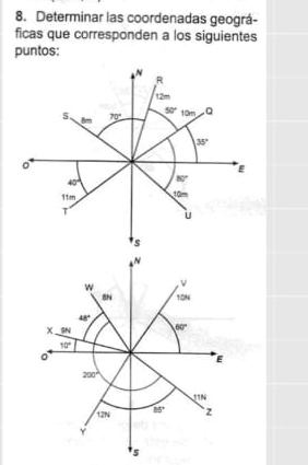 Determinar las coordenadas geográ-
ficas que corresponden a los siguientes
puntos:
w v
BN 10N
48°
x -x 60°
10°
200°

12N 85° z
Y
5