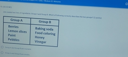 SV17 (6S) / Module 02: Mixtures a
15. (02.03 MC)
Joe created two lists of ingredients: Group A and Group B. ectly describes the two groups? (2 points)
up B are insofuble.
Grous A and Grous B are solable