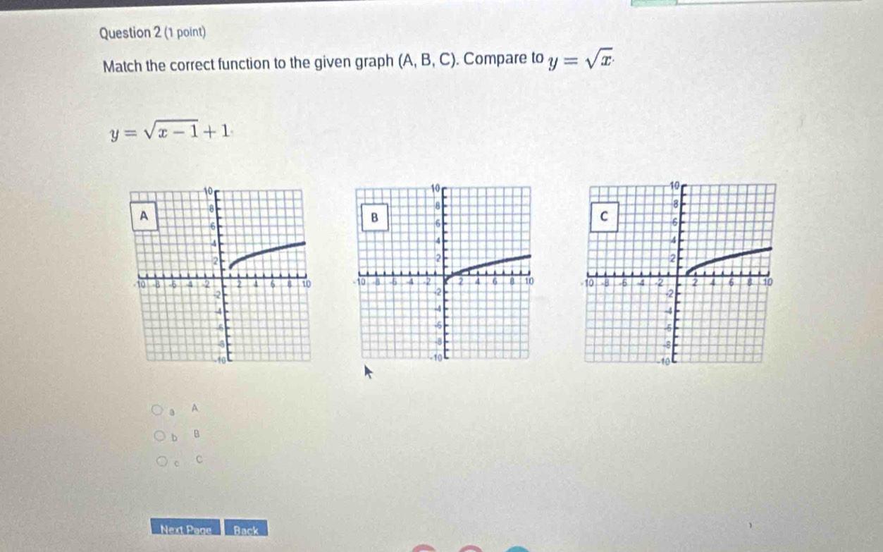 Match the correct function to the given graph (A,B,C). Compare to y=sqrt(x)
y=sqrt(x-1)+1

A 
b B 
c C 
Next Page Back