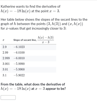 Katherine wants to find the derivative of
h(x)=-18ln (x) at the point x=3.
Her table below shows the slopes of the secant lines to the
graph of h between the points (3,h(3)) and (x,h(x))
for x-values that get increasingly closer to 3:
From the table, what does the derivative of
h(x)=-18ln (x) at x=3 appear to be?