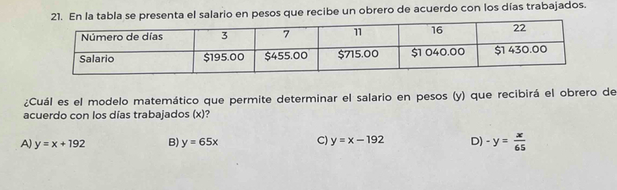 En la tabla se presenta el salario en pesos que recibe un obrero de acuerdo con los días trabajados.
¿Cuál es el modelo matemático que permite determinar el salario en pesos (y) que recibirá el obrero de
acuerdo con los días trabajados (x)?
C)
A) y=x+192 B) y=65x y=x-192 D) -y= x/65 