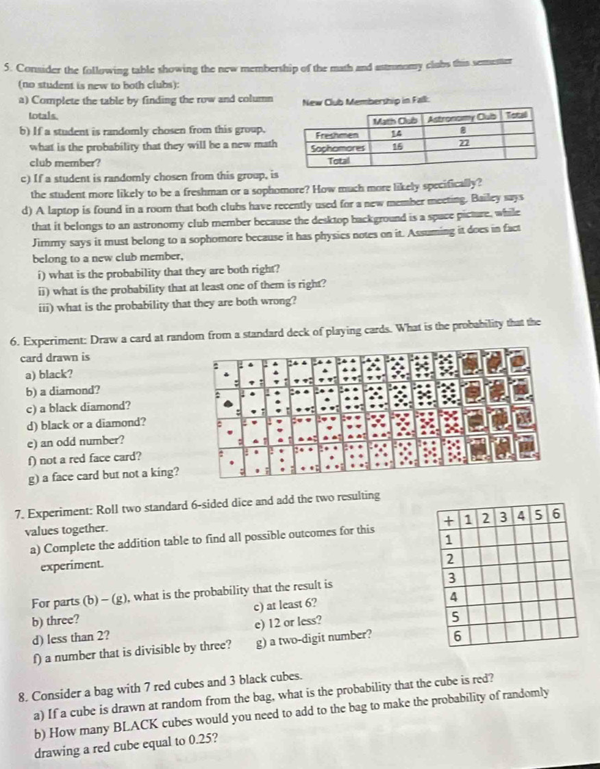 Consider the following table showing the new membership of the math and astronomy clubs this semester 
(no student is new to both clubs): 
a) Complete the table by finding the row and column New Club Membership in Fall: 
totals. 
b) If a student is randomly chosen from this group. 
what is the probability that they will be a new math 
club member? 
c) If a student is randomly chosen from this group, is 
the student more likely to be a freshman or a sophomore? How much more likely specifically? 
d) A laptop is found in a room that both clubs have recently used for a new member meeting. Bailey says 
that it belongs to an astronomy club member because the desktop background is a space picture, while 
Jimmy says it must belong to a sophomore because it has physics notes on it. Assuming it does in fact 
belong to a new club member, 
í) what is the probability that they are both right? 
i) what is the probability that at least one of them is right? 
iii) what is the probability that they are both wrong? 
6. Experiment: Draw a card at random from a standard deck of playing cards. What is the probability that the 
card drawn is 
a) black? 
b) a diamond? 
c) a black diamond? 
d) black or a diamond? 
e) an odd number? 
f) not a red face card? 
g) a face card but not a king? 
7. Experiment: Roll two standard 6 -sided dice and add the two resulting 
values together. 
a) Complete the addition table to find all possible outcomes for this + 1 2 3 4 5 6
1
experiment.
2
3
For parts (b) - (g), what is the probability that the result is 
b) three? c) at least 6?
4
d) less than 2? e) 12 or less? 
5 
f) a number that is divisible by three? g) a two-digit number? 
6 
8. Consider a bag with 7 red cubes and 3 black cubes. 
a) If a cube is drawn at random from the bag, what is the probability that the cube is red? 
b) How many BLACK cubes would you need to add to the bag to make the probability of randomly 
drawing a red cube equal to 0.25?