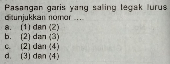 Pasangan garis yang saling tegak lurus
ditunjukkan nomor ....
a. (1) dan (2)
b. (2) dan (3)
c. (2) dan (4)
d. (3) dan (4)