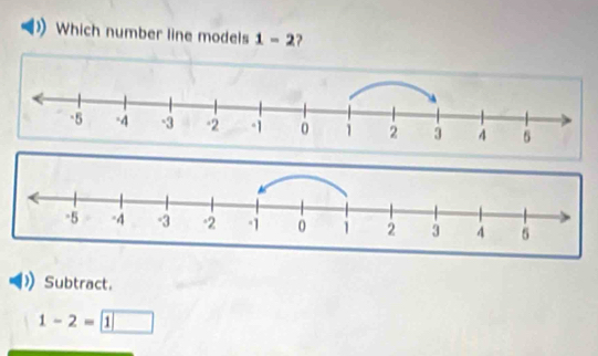 Which number line models 1-2 ? 
Subtract.
1-2= 1