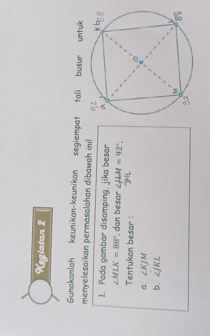 Kegiatan 2 
Gunakanlah keunikan-keunikan segiempat tali busur untuk 
menyelesaikan permasalahan dibawah ini! 
1. Pada gambar disamping, jika besar
∠ MLK=88° , dan besar ∠ JEM=92°, 
Tentukan besar : 
a. ∠ KJM
b. ∠ JKL