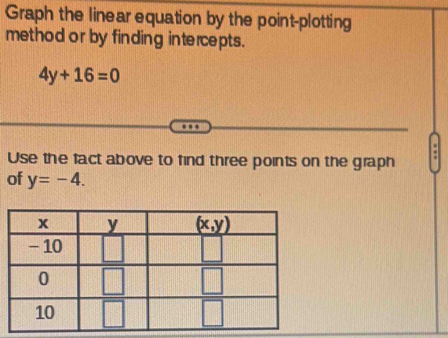 Graph the linear equation by the point-plotting
method or by finding intercepts.
4y+16=0
,
Use the fact above to find three points on the graph
of y=-4.