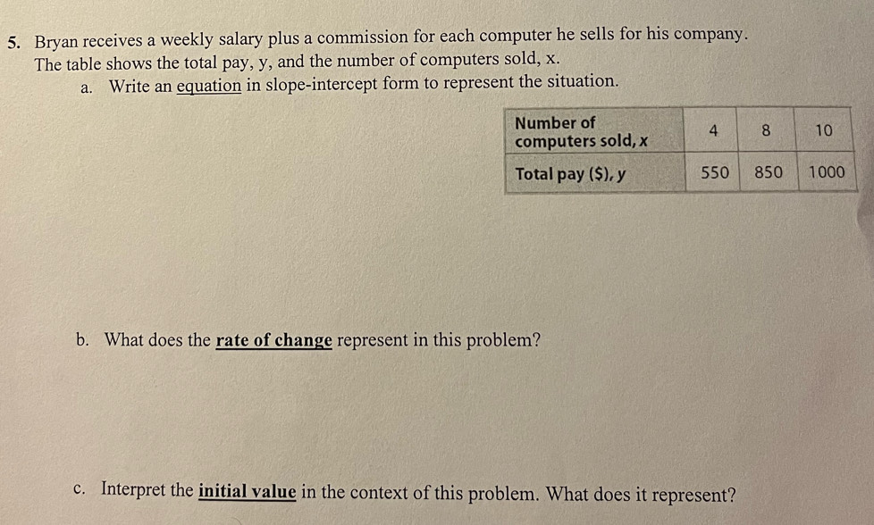 Bryan receives a weekly salary plus a commission for each computer he sells for his company. 
The table shows the total pay, y, and the number of computers sold, x. 
a. Write an equation in slope-intercept form to represent the situation. 
b. What does the rate of change represent in this problem? 
c. Interpret the initial value in the context of this problem. What does it represent?