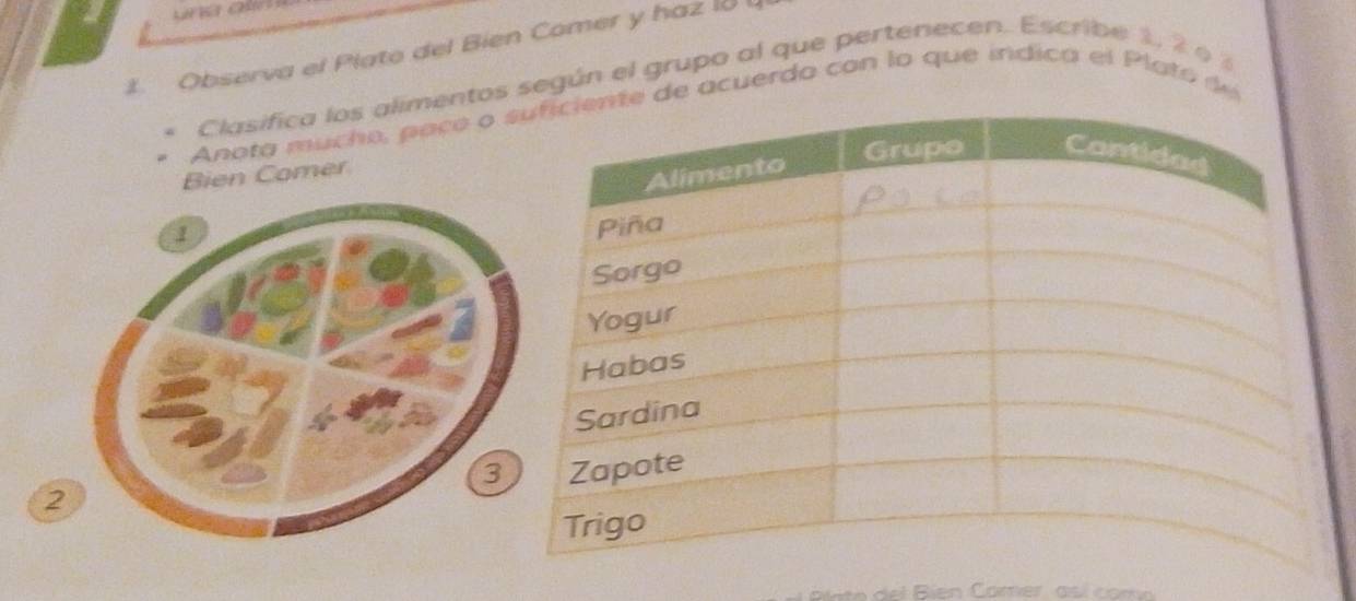 Observa el Plato del Bien Comer y haz 1 
Clasifica los alimentos según el grupo al que pertenecen. Escribe 1, 2 é 
Anota mucho , p a co o de acuerda con lo que indica el P lato d 
Bien Comer 
2