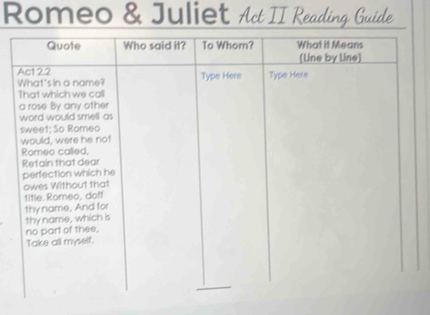 Romeo & Juliet Act II Reading Guide