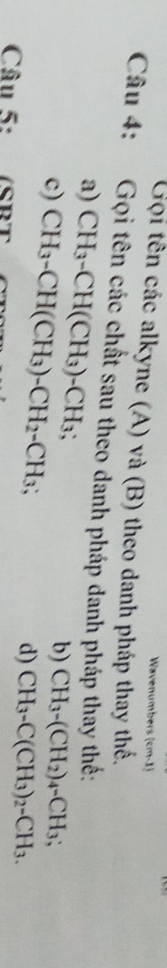 Wavenumbers (cm-1) 
Gọi tên các alkyne (A) và (B) theo danh pháp thay thế. 
Câu 4: Gọi tên các chất sau theo danh pháp danh pháp thay thế: 
a) CH_3-CH(CH_3)-CH_3; 
c) CH_3-CH(CH_3)-CH_2-CH_3; 
b) CH_3-(CH_2)_4-CH_3; 
d) CH_3-C(CH_3)_2-CH_3. 
Câu 5: (SBT