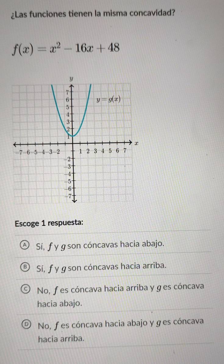 ¿Las funciones tienen la misma concavidad?
f(x)=x^2-16x+48
Escoge 1 respuesta:
Sí, f y g son cóncavas hacia abajo.
Sí, f y gson cóncavas hacia arriba.
No, fes cóncava hacia arriba yges cóncava
hacia abajo.
No, fes cóncava hacia abajo y ges cóncava
hacia arriba.