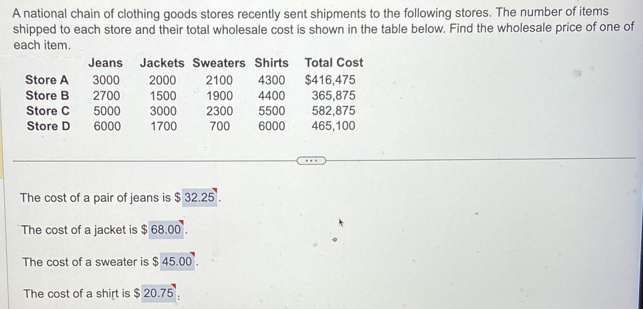 A national chain of clothing goods stores recently sent shipments to the following stores. The number of items 
shipped to each store and their total wholesale cost is shown in the table below. Find the wholesale price of one of 
each item. 
Jeans Jackets Sweaters Shirts Total Cost 
Store A 3000 2000 2100 4300 $416,475
Store B 2700 1500 1900 4400 365,875
Store C 5000 3000 2300 5500 582,875
Store D 6000 1700 700 6000 465,100
The cost of a pair of jeans is $ 32.25. 
The cost of a jacket is $68.00
The cost of a sweater is $45.00
The cost of a shirt is $ 0.75