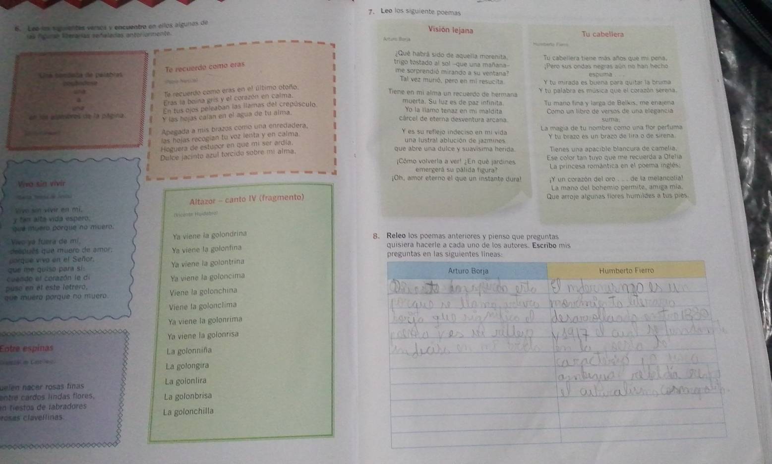 Leo los siguiente poemas
6. Leo les saguientes versós y encuentro en ellos algunas de
Visión lejana
las fíguras literarías seduladas anterionmente. Altum Berja Tu cabellera
Humbérta Fies
¿Qué habrá sido de aquella morenita. Tu cabellera tiene más años que mi pena  
Te recuerdo como eras
trigo tostado al so! --que una mañana-- ;Pero sus ondas negras aún no han hecho
Una bandata de pulabias
me sorprendió mirando a su ventana?
neudadese Peoso Narsioal espuma
Tal vez murió, pero en mi resucita
Te recuerdo como eras en el último otoño.
“ Y tu palabra es música que el corazón serena.
Tiene en mí alma un recuerdo de hermana
Eras la boína grís y el corazón en calma.
muerta. Su luz es de paz infinita
En tus ojos peleaban las llamas del crepúsculo Tu maño fina y larga de Belkis, me enajena
Yo la Ilamo tenaz en mi maldita  Como un libro de versos de una elegancia
en los alembres de la página Y las hojas calan en el agua de tu alma. cârcel de eterna desventura arcana.
suma.
Apegada a mis brazos como una enredadera,
La magia de tu nombre como una flor pertuma
las hojas recogian tu voz lenta y en calma.
Y es su reflejo indeciso en mi vida Y tu brazo es un brazo de lira o de sirena.
Hoguera de estupor en que mi ser ardía.
una lustral ablución de jazmines
que abre una dulce y suavisima herida.
Dulce jacinto azul torcido sobre mi alma. Tienes una apacible blancura de camelia,
¡Cómo volverla a ver! ¿En qué jardines Ese color tan tuyo que me recuerda a Ofelia
emergerá su pálida figura? La princesa romántica en el poema inglés:
¡Oh, amor eterno el que un instante dura!
Viva sin vivir ¡Y un corazón del oro . .. . de la melancolia!
La mano del bohemio permite, amiga mía
Altazor - canto IV (fragmento) Que arroje algunas fiores humildes a tus pies.
live sin vivir en mi.
y tan alta vida espero. Vicente Ruidatre
que muero porque no muero.
Vivo ya fuera de mí, Ya viene la golondrina 8. Releo los poemas anteriores y pienso que preguntas
quisiera hacerle a cada uno de los autores. Escribo mis
después que muero de amor; 
porque viva en el Señor. Ya viene la golonfina
que me quiso para si: Ya viene la golontrina
cuendo el corazón le di 
puso en el este letrero, Ya viene la goloncima
que muero parque no muero. Viene la golonchina
Viene la golonclima
Ya viene la golonrima
Ya viene la golonrisa
Entre espínas
La golonniña
= e a Lat e c
La golongira
uelen nacer rosas finas La golonlira
entre cardos líndas flores, La golonbrisa
en  testos de labradores
rosas clavellinas La golonchilla
