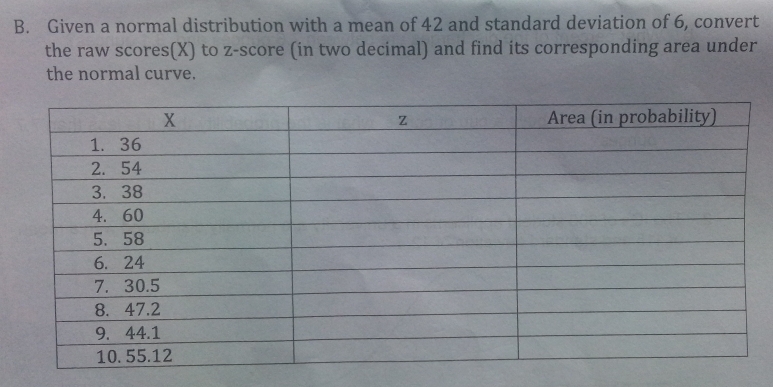 Given a normal distribution with a mean of 42 and standard deviation of 6, convert 
the raw scores(X) to z-score (in two decimal) and find its corresponding area under 
the normal curve.