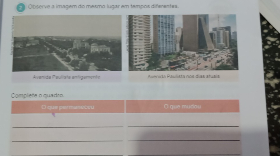 Observe a imagem do mesmo lugar em tempos diferentes. 
Complete o quadro. 
que permaneceu que mudou 
_ 
_ 
__ 
__