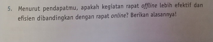 Menurut pendapatmu, apakah kegiatan rapat offline lebih efektif dan 
efisien dibandingkan dengan rapat online? Berikan alasannya!