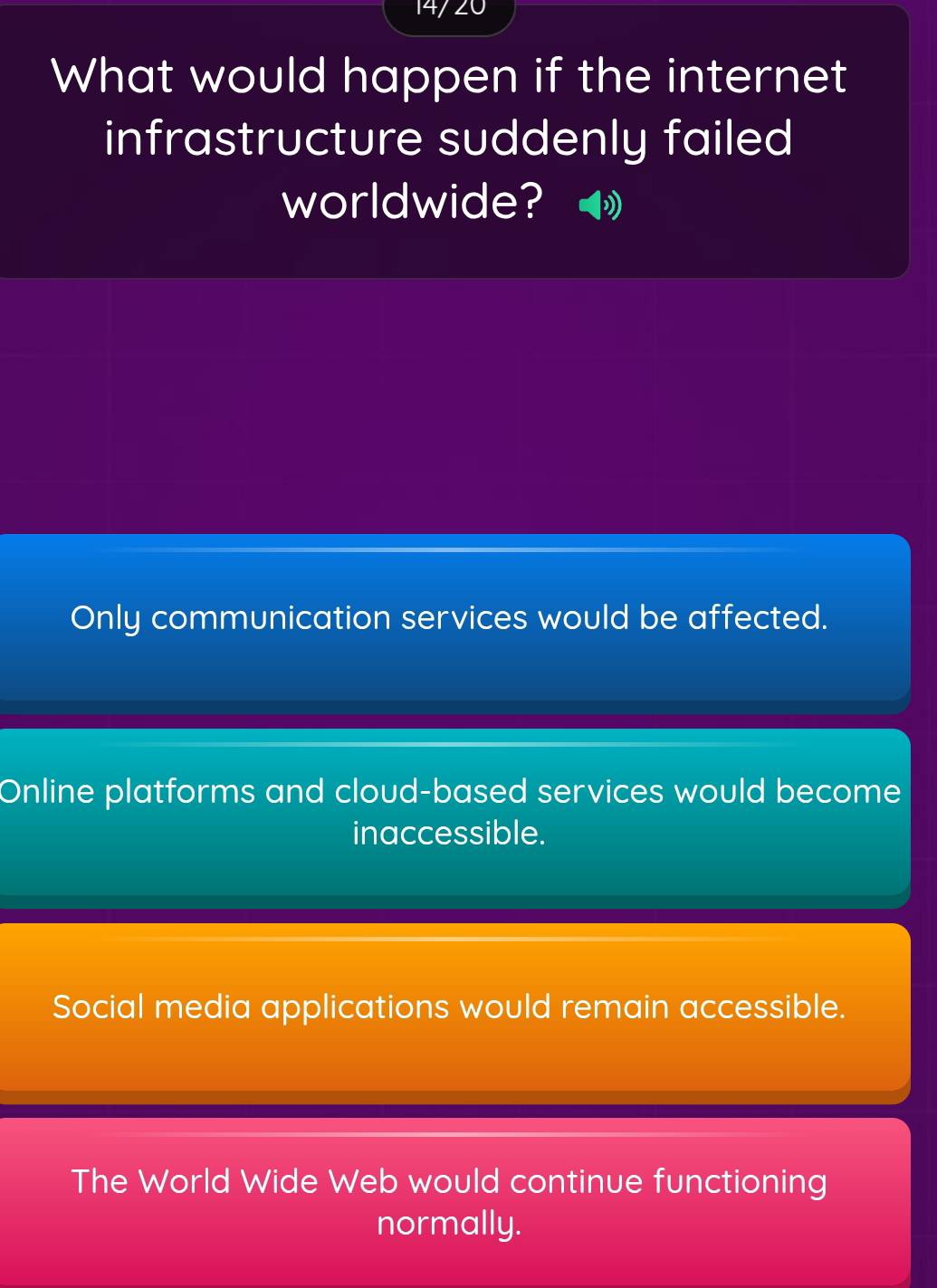 What would happen if the internet
infrastructure suddenly failed
worldwide?
Only communication services would be affected.
Online platforms and cloud-based services would become
inaccessible.
Social media applications would remain accessible.
The World Wide Web would continue functioning
normally.