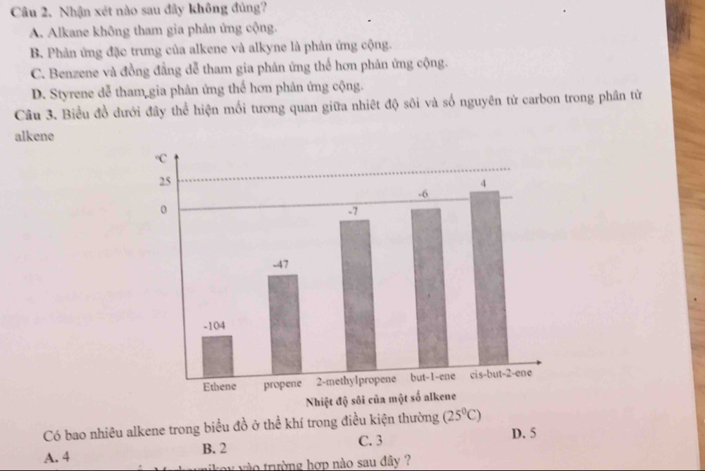 Nhận xét nào sau đây không đủng?
A. Alkane không tham gia phản ứng cộng.
B. Phản ứng đặc trưng của alkene và alkyne là phản ứng cộng.
C. Benzene và đồng đẳng dễ tham gia phản ứng thể hơn phản ứng cộng.
D. Styrene dễ tham gia phản ứng thể hơn phản ứng cộng.
Câu 3. Biểu đồ dưới đây thể hiện mối tương quan giữa nhiệt độ sôi và số nguyên tử carbon trong phân tử
alkene
Có bao nhiêu alkene trong biểu đồ ở thể khí trong điều kiện thường (25^0C)
B. 2 C. 3 D. 5
A. 4
jkoy yào trường hợp nào sau đây ?