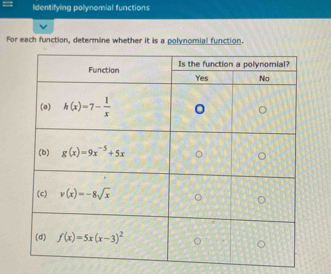 Identifying polynomial functions
For each function, determine whether it is a polynomial function.