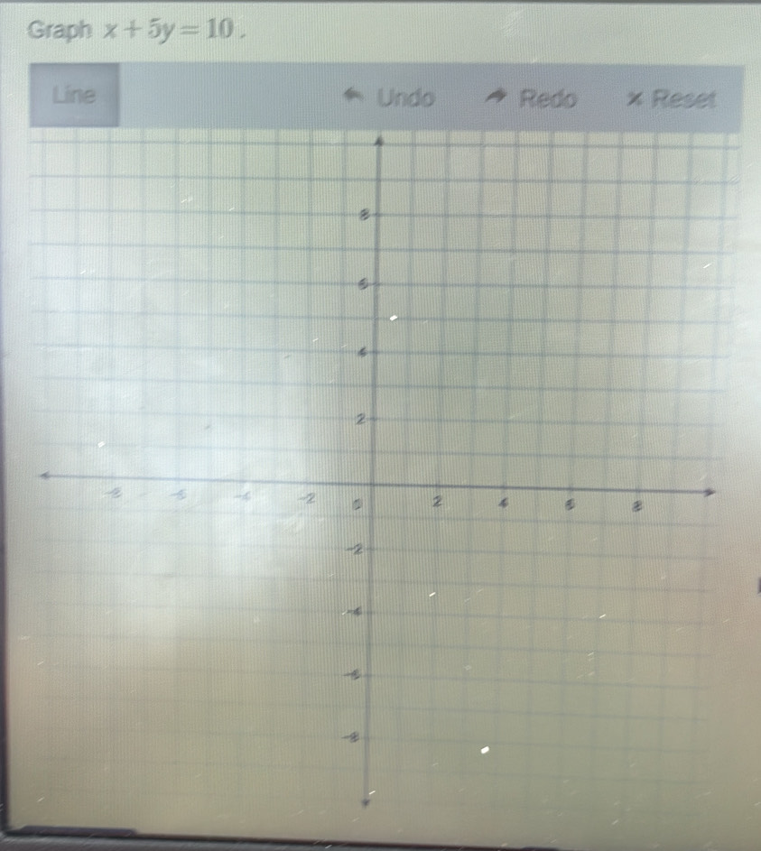 Graph x+5y=10. 
Line Undo Redo × Reset