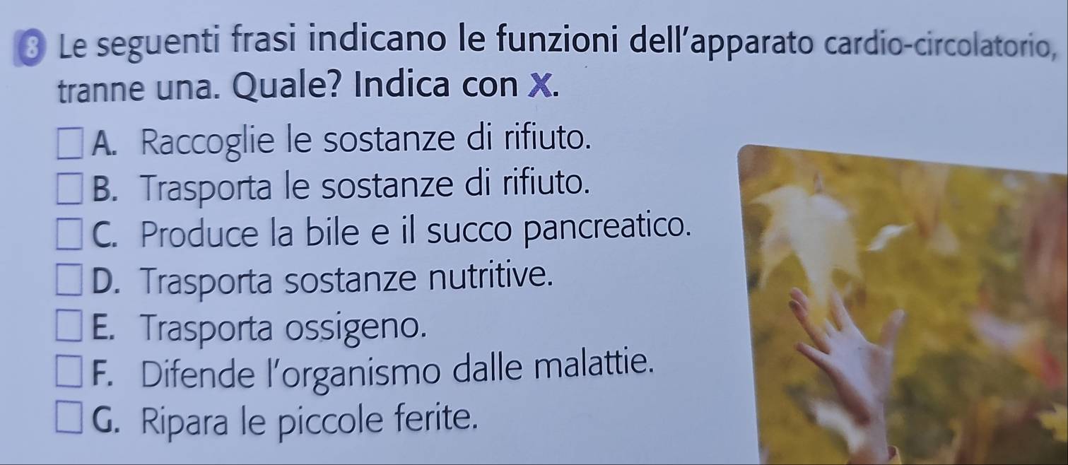 Le seguenti frasi indicano le funzioni dell’apparato cardio-circolatorio,
tranne una. Quale? Indica con X.
A. Raccoglie le sostanze di rifiuto.
B. Trasporta le sostanze di rifiuto.
C. Produce la bile e il succo pancreatico.
D. Trasporta sostanze nutritive.
E. Trasporta ossigeno.
F. Difende l’organismo dalle malattie.
G. Ripara le piccole ferite.