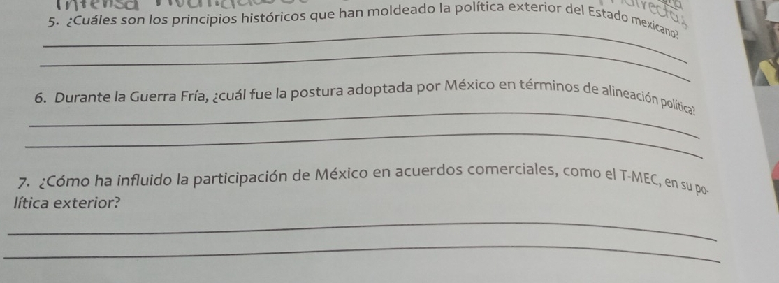 ¿Cuáles son los principios históricos que han moldeado la política exterior del Estado mexicano? 
_ 
_ 
6. Durante la Guerra Fría, ¿cuál fue la postura adoptada por México en términos de alineación política 
_ 
7. ¿Cómo ha influido la participación de México en acuerdos comerciales, como el T-MEC, en su po- 
lítica exterior? 
_ 
_