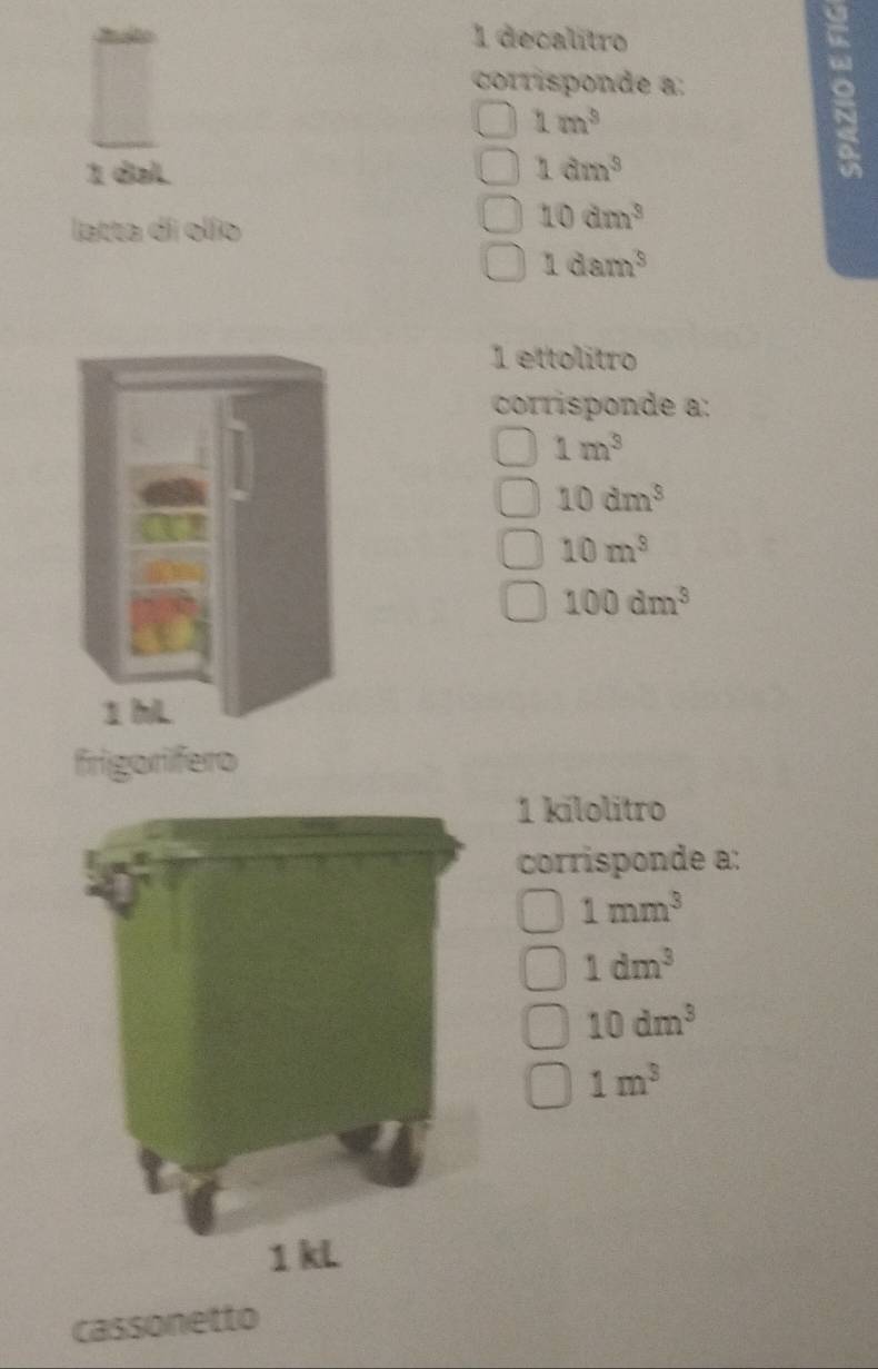 decalitro 
corrísponde a:
1m^3
1 dal 1dm^3
。 
latta di olío
10dm^3
1dam^3
1 ettolitro 
corrisponde a:
1m^3
10dm^3
10m^3
100dm^3
frigorifero 
1 kílolitro 
corrisponde a:
1mm^3
1dm^3
10dm^3
1m^3
1 kL 
cassonetto