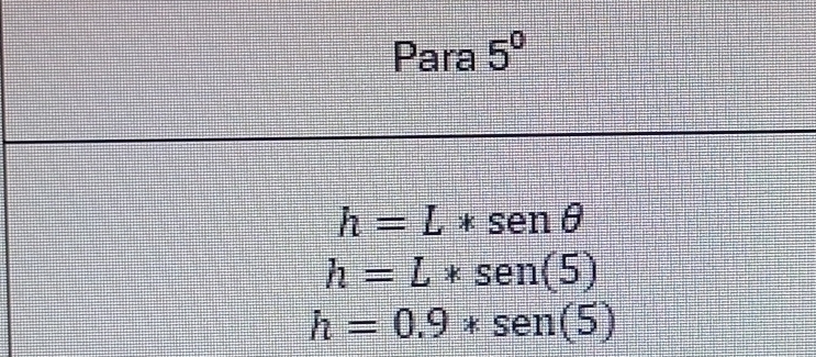 Para 5^0
h=L*senθ
h=L*sen (5)
h=0.9*sen(5)