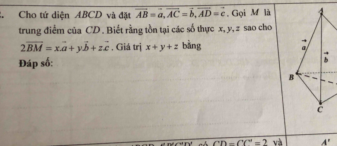 、  Cho tứ diện ABCD và đặt vector AB=vector a,vector AC=vector b,vector AD=vector c. Gọi M là
trung điểm của CD . Biết rằng tồn tại các số thực x, y, z sao cho
2vector BM=x.vector a+y.vector b+z.vector c. Giá trị x+y+z bằng
Đáp số:
CD=CC'=2 và A'