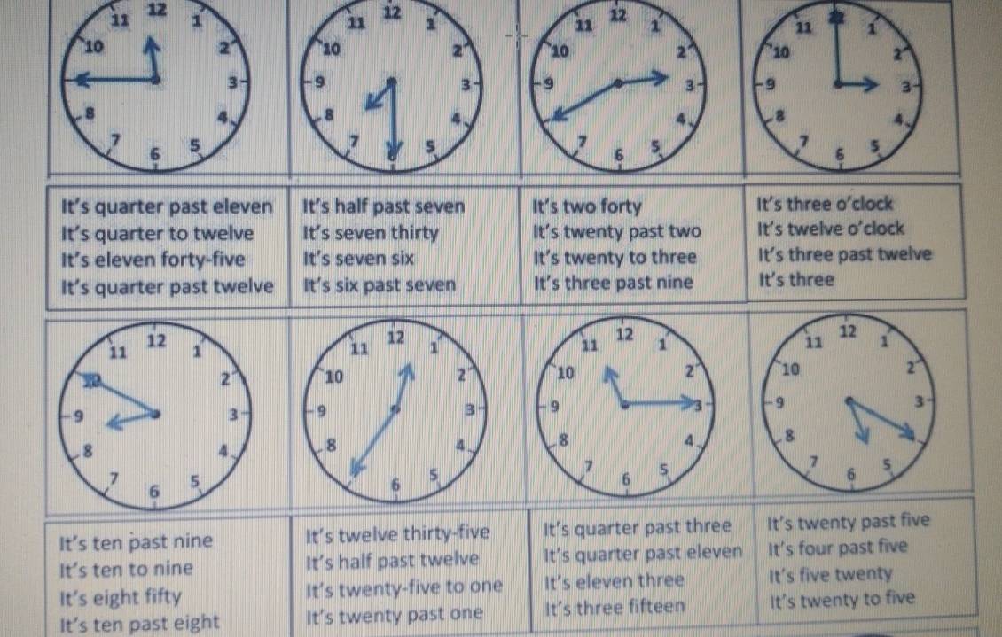 12 12
i
It' 
It's quarter past eleven It’s half past seven It’s two forty s three 0' clock
It's quarter to twelve It 's seven thirty It’s twenty past two It's twelve o'clock
It's eleven forty-five It' s seven six It’s twenty to three It's three past twelve
It's quarter past twelve It' s six past seven It’s three past nine It' s three
It’s ten past nine It’s twelve thirty-five It’s quarter past three It’s twenty past five
It’s ten to nine It’s half past twelve It's quarter past eleven It’s four past five
It’s eight fifty It’s twenty-five to one It' ’s eleven three It’s five twenty
It’s ten past eight It's twenty past one It’s three fifteen It's twenty to five