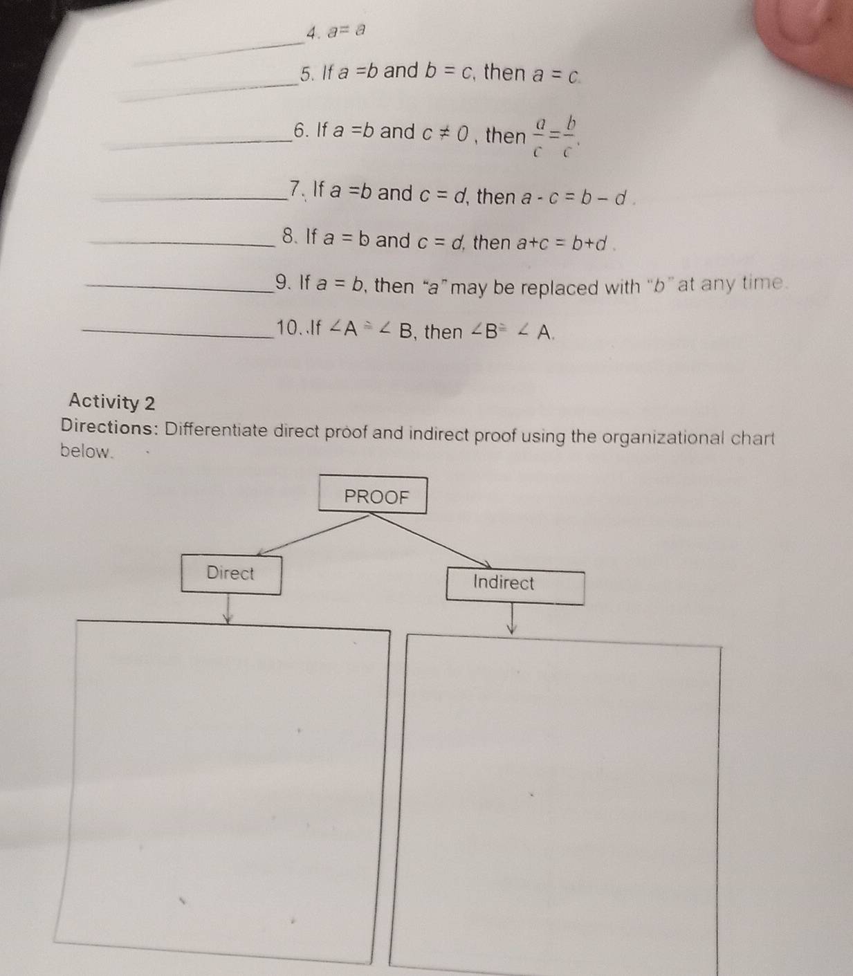 a=a
_ 
5. If a=b and b=c , then a=c
_6. If a=b and c!= 0 , then  a/c = b/c . 
_7. If a=b and c=d , then a-c=b-d. 
_8. If a=b and c=d then a+c=b+d. 
_9. If a=b , then “ a ”may be replaced with “ b ”at any time. 
_10.If ∠ A≌ ∠ B , then ∠ B≌ ∠ A. 
Activity 2 
Directions: Differentiate direct proof and indirect proof using the organizational chart 
below.