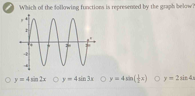 Which of the following functions is represented by the graph below?
y=4sin 2x y=4sin 3x y=4sin ( 1/2 x) y=2sin 4x