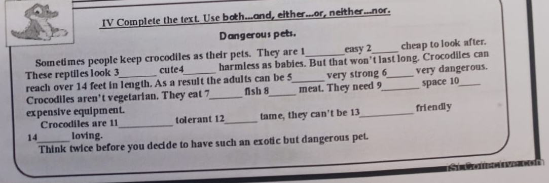 IV Complete the text. Use both...and, either...or, neither...nor. 
Dangerous pets. 
Sometimes people keep crocodiles as their pets. They are 1 easy 2 _ cheap to look after. 
These reptiles look 3 _ cute4_ harmless as babies. But that won’t last long. Crocodiles can 
reach over 14 feet in length. As a result the adults can be 5 very strong 6 very dangerous. 
Crocodiles aren't vegetarian. They eat 7 _ fish 8_ meat. They need 9_ space 10_ 
expensive equipment. 
Crocodiles are 11 _tolerant 12_ tame, they can't be 13 _ friendly 
14_ loving. 
Think twice before you decide to have such an exotic but dangerous pet.