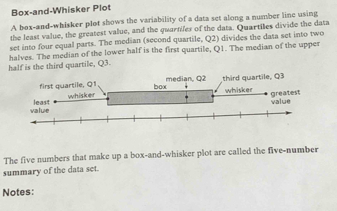 Box-and-Whisker Plot 
A box-and-whisker plot shows the variability of a data set along a number line using 
the least value, the greatest value, and the quartiles of the data. Quartiles divide the data 
set into four equal parts. The median (second quartile, Q2) divides the data set into two 
halves. The median of the lower half is the first quartile, Q1. The median of the upper 
half is the third quartile, Q3. 
The five numbers that make up a box-and-whisker plot are called the five-number 
summary of the data set. 
Notes: