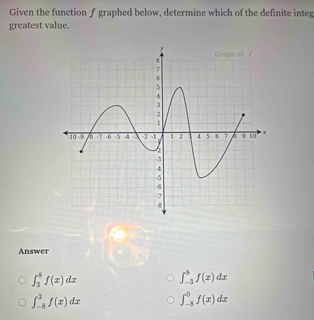 Given the function f graphed below, determine which of the definite integ
greatest value.
Answer
∈t _3^8f(x)dx
∈t _(-3)^8f(x)dx
∈t _(-8)^3f(x)dx
∈t _(-8)^0f(x)dx