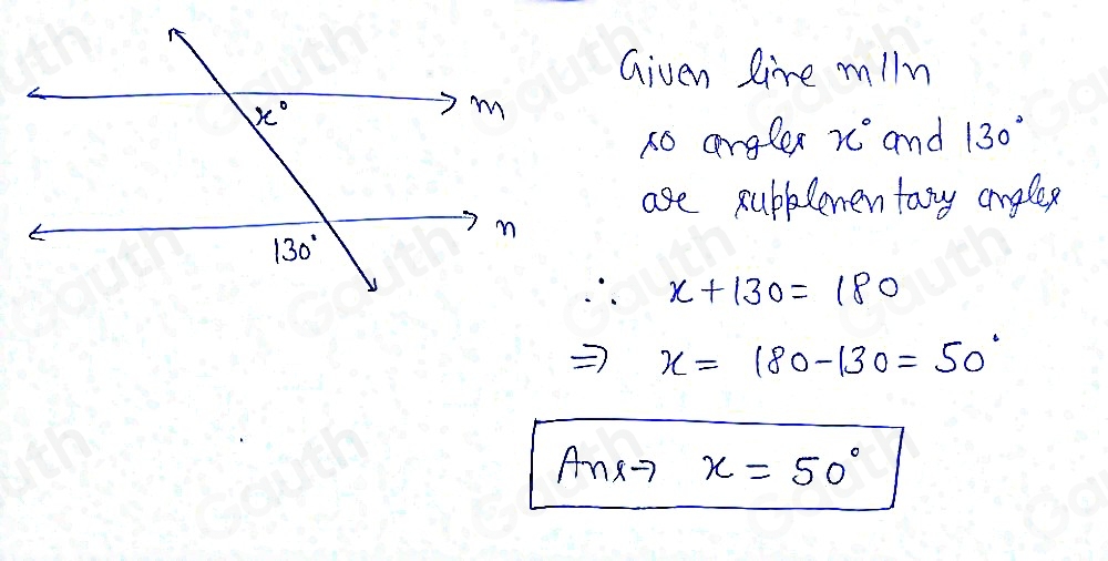 Given line miln 
no anglex x° and 130°
are subbdemen tory anglex
∴ x+130=180
Rightarrow x=180-130=50°
A_2 87 x=50°