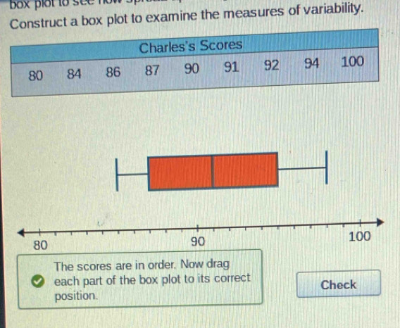 box plot to see no 
Construct a box plot to examine the measures of variability. 
The scores are in order. Now drag 
each part of the box plot to its correct Check 
position.