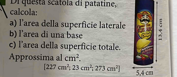 Di questa scatola di patatine, 
calcola: 
a) l’area della superficie laterale 
b) l’area di una base 
c) l’area della superficie totale. 
Approssima al cm^2.
[227cm^2;23cm^2;273cm^2]
5,4 cm