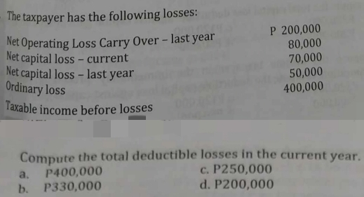 The taxpayer has the following losses:
Net Operating Loss Carry Over - last year P 200,000
80,000
Net capital loss - current 70,000
Net capital loss - last year 50,000
Ordinary loss 400,000
Taxable income before losses
Compute the total deductible losses in the current year.
a. P400,000 c. P250,000
b. P330,000 d. P200,000