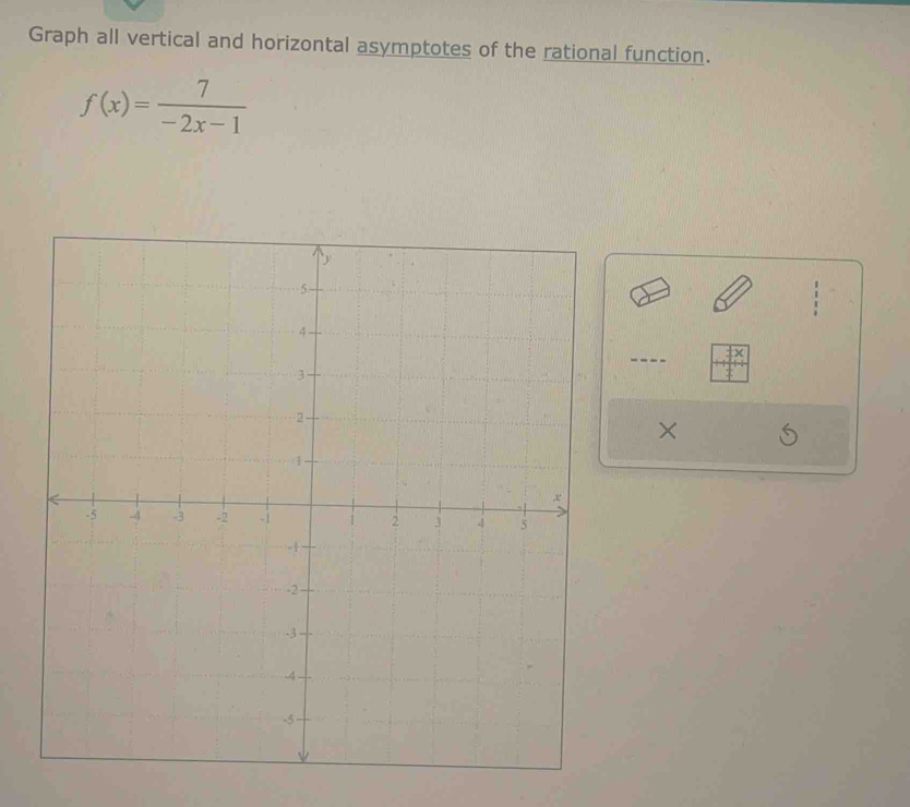 Graph all vertical and horizontal asymptotes of the rational function.
f(x)= 7/-2x-1 
×