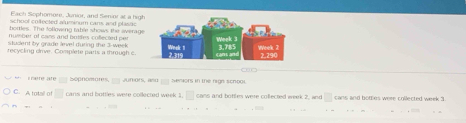 Each Sophomore, Junior, and Senior at a high 
school collected aluminum cans and plastic 
bottles. The following table shows the average 
number of cans and bottles collected per 
student by grade level during the 3-week
recycling drive. Complete parts a through c. 
here are □ Sopnomores, □ Juniors, and Seniors in the nign school. 
C. A total of □ cans and bottles were collected week 1. □ cans and bottles were collected week 2, and □ cans and bottles were collected week 3.