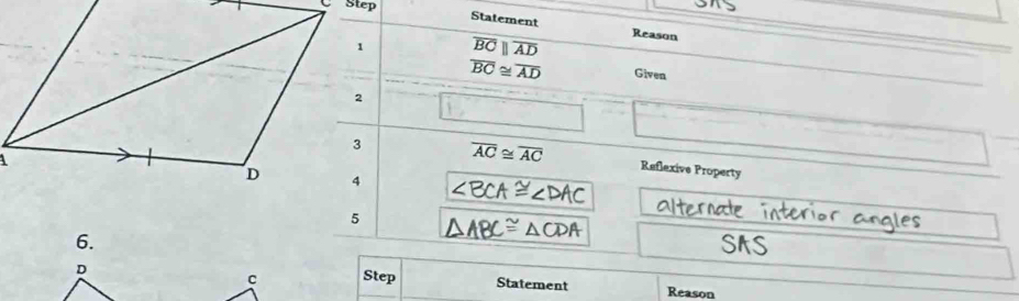 Statement Reason
overline BCparallel overline AD
overline BC≌ overline AD Given 
Y, □ x^2-3m+m =□ =frac □ a_180=frac )=frac 
overline AC≌ overline AC Reflexive Property
∠ BCA≌ ∠ DAC
△ ABC≌ △ CDA
6. SAS 
c Step Statement 
D Reason