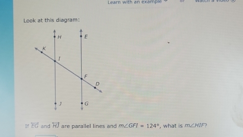 Learn with an example 
Look at this diagram: 
If overleftrightarrow EG and overleftrightarrow HJ are parallel lines and m∠ GFI=124° , what is m∠ HIF