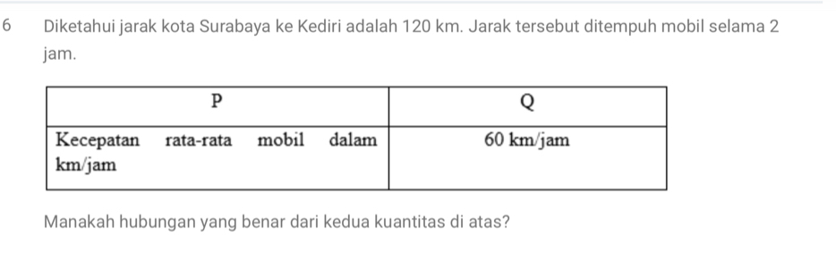 Diketahui jarak kota Surabaya ke Kediri adalah 120 km. Jarak tersebut ditempuh mobil selama 2
jam. 
Manakah hubungan yang benar dari kedua kuantitas di atas?