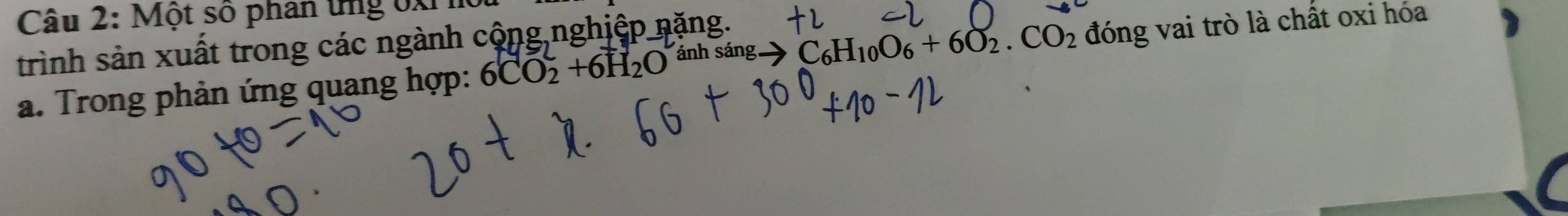 Một số phan tng 0xh 
trình sản xuất trong các ngành cộng nghiệp năng. C_6H_10O_6+6O_2.CO_2
a. Trong phản ứng quang hợp: 6CO_2+6H_2O ánh sáng đóng vai trò là chất oxi hóa